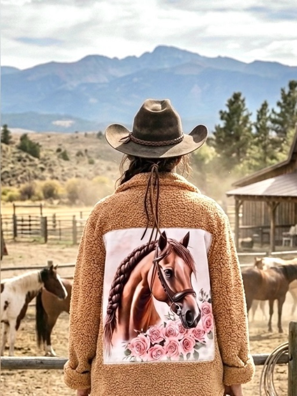 Rare HORSE/rose floral upcycled equestrian cottagecore Sherpa Teddy jacket